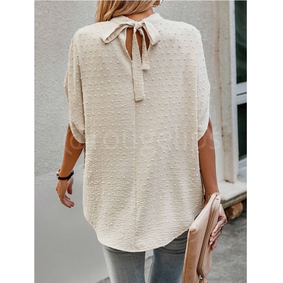 Swiss Dot Beige Blouse Top Flowy, High Neck, Ties - Picture 4 of 7